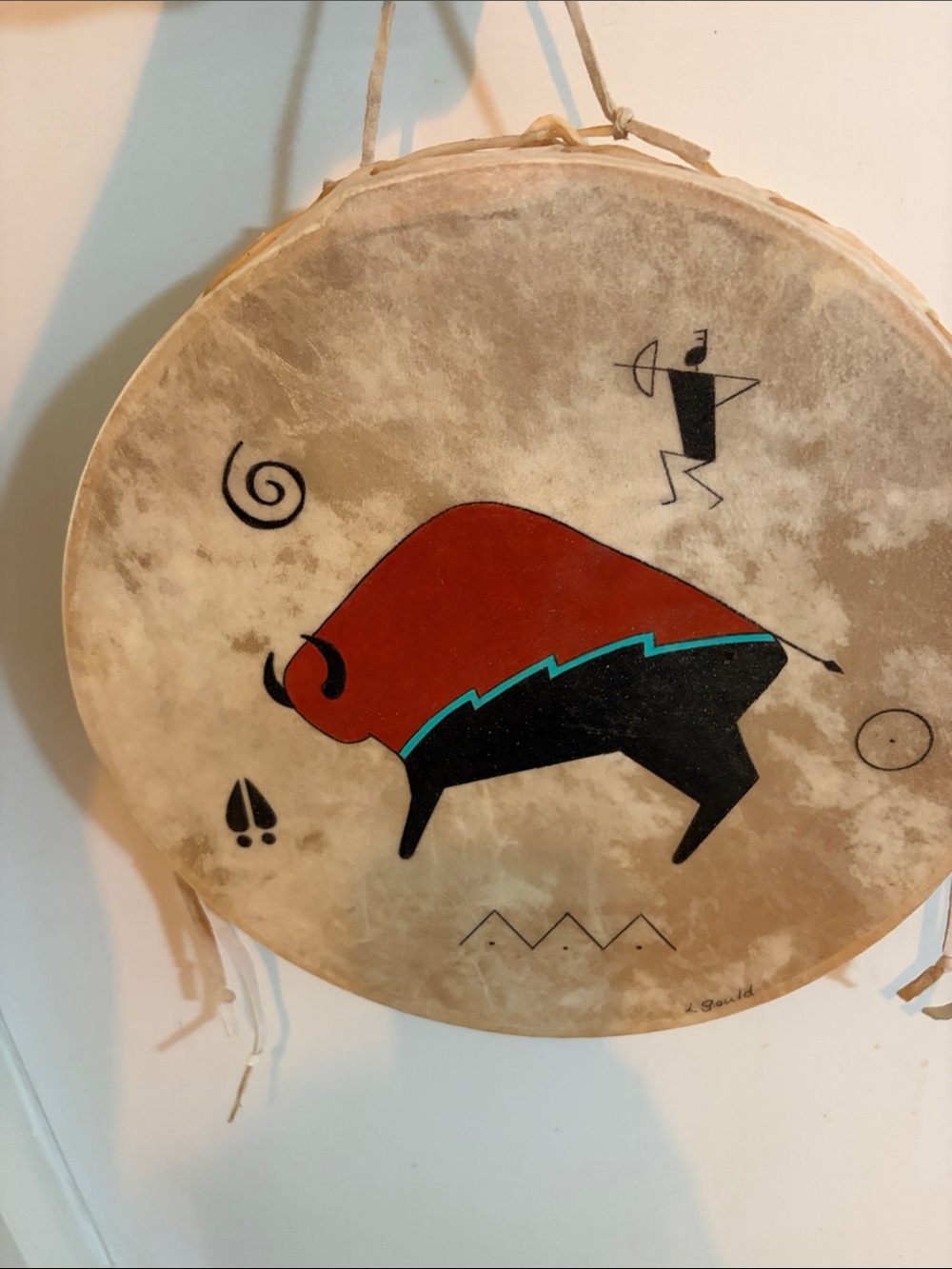 Hand-Painted Buffalo Drum Southwestern Art- Red, Black, Turquoise-signed L Gould
